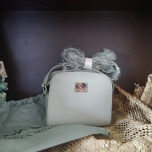 Jessica Moore purse, gray faux leather, 6"x7", with shoulder strap.